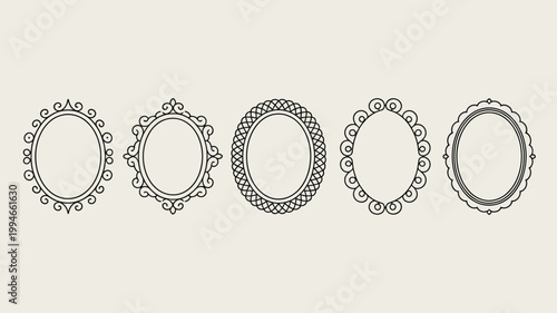 A collection of five ornate empty frames are displayed against a pale beige background showcasing varying decorative border styles high quality professional detailed modern elegant stylish