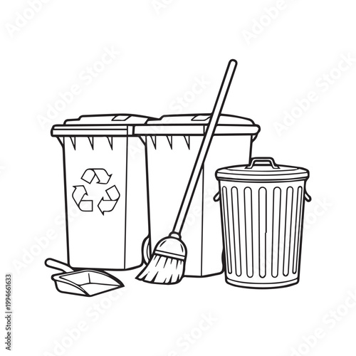 Outline drawing of trash cans, recycling bin, broom, and dustpan black and white illustration

