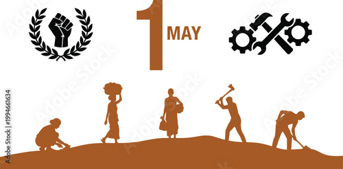 May day celebration with workers and tools
