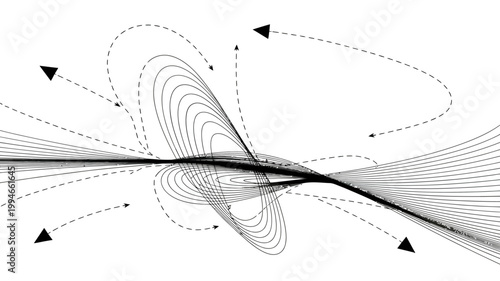 An abstract depiction of flowing lines and directional arrows creates a dynamic swirling pattern against a stark white background high quality professional detailed modern elegant stylish