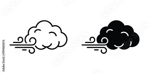 Windy cloud outline and solid black weather symbols