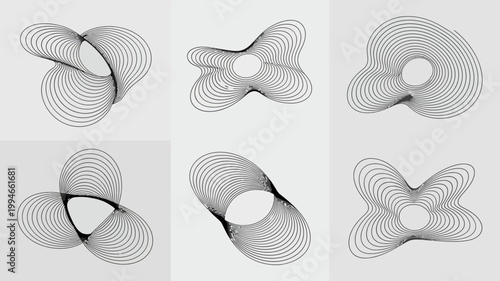 A grayscale composition displays six abstract looping line drawings resembling organic forms or stylized flowers high quality professional detailed modern elegant stylish clean crisp vibrant colorful
