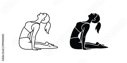 Woman in cobra yoga pose, outline and silhouette bhujangasana