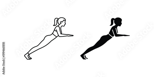 Woman in forearm plank pose, outline and silhouette
