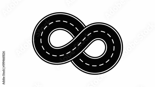 A black and white illustration depicts a looping road forming the mathematical symbol for infinity suggesting continuous journeys high quality professional detailed modern elegant stylish clean