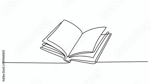 A minimalist line drawing depicts an open book resting on a surface showcasing its pages and binding in a simple elegant style high quality professional detailed