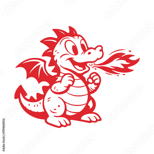 Cute Happy Red Dragon Breathing Fire Cartoon Vector Illustration
