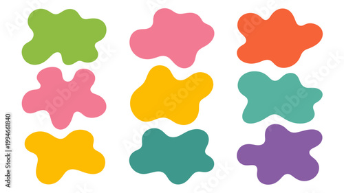 An arrangement of nine colorful abstract cloud shaped forms is displayed against a stark white background showcasing vibrant hues high quality professional detailed modern elegant stylish