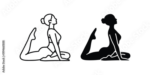 Woman in mermaid yoga pose, outline and silhouette