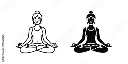 Woman in lotus yoga pose, outline and solid black silhouette