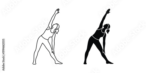 Woman in triangle yoga pose, outline and solid black silhouette