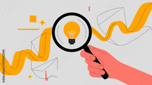 A hand holds a magnifying glass focused on a glowing light bulb representing idea investigation and creative problem solving high quality professional detailed modern elegant stylish