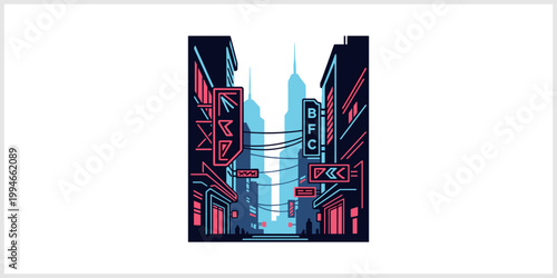 Cyberpunk Cityscape With Neon Signs And Tall Buildings