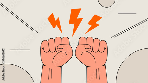A pair of clenched fists are raised surrounded by stylized orange lightning bolts and abstract circular and linear elements high quality professional detailed modern elegant stylish