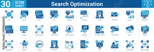 Search Optimization editable icon set vector illustration concept for business with icon of Search, Keyword, Backlink, Sem, Optimization, Web Traffic, Visitors, Bounce Rate, Conversion, Landing Page.