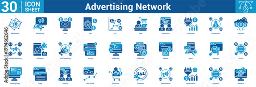 Advertising Network editable icon set vector illustration concept for business with icon of Ad Network, Advertising, Cpm, Cpc, Ctr, Cpa, Impression, Conversion, Commission, Payment, Affiliat.