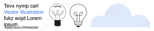 Creativity, energy, brainstorming, innovation, cloud computing, minimalism. Two light bulb designs with unique details and a simple cloud graphic. Creativity and energy concept