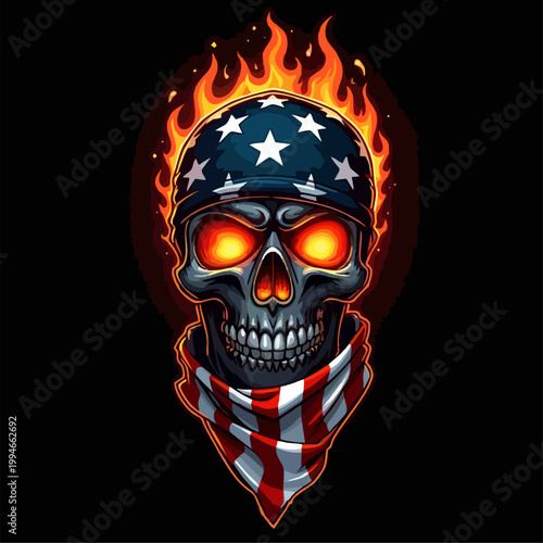 Biker vector t-shirt design with fire human skull
with usa flag bandana, flame on black
background.
Fashionable print for fabric, paper, men clothing,
hoodie, jacket. T shirt template.