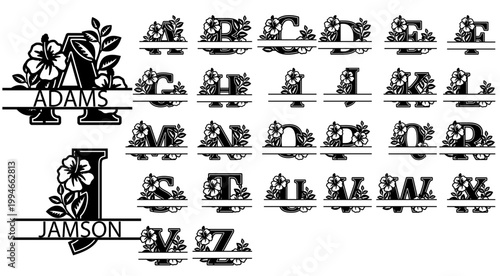 Split  Monogram Alphabet Letters Vector Cut Files Metal Laser Silhouette Cricut Font A to Z SVG Letters	