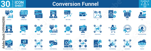 Conversion Funnel editable icon set vector illustration concept for business with icon of Conversion, Landing Page, Page, Visitors, Web Traffic, Bounce Rate, Ctr, Cpc, Cpm, Cpa, Impression, Keyword.