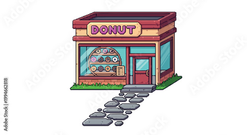 A charming pixel art vector illustration features a colorful donut shop with a large display window, red door, and stone path on white.