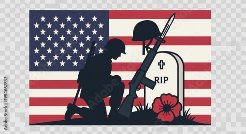 Memorial silhouette of a soldier kneeling before a tombstone and american flag