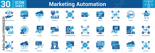 Marketing Automation editable icon set vector illustration concept for business with icon of Marketing Automation, Erp, Api, Optimization, Analytics, Analysis, Research, Segmentation, Customer.