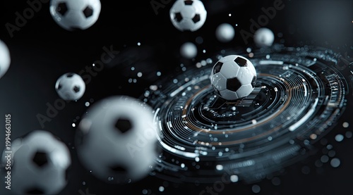 Soccer balls float amongst a futuristic digital interface
