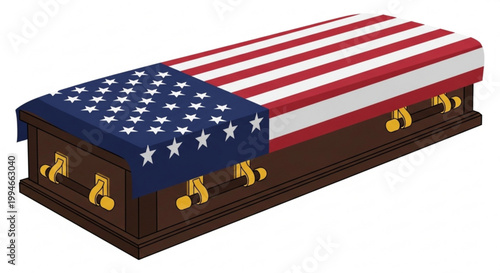 American flag draped brown casket with gold handles on white background symbolizing patriotism and respect in funeral or memorial service