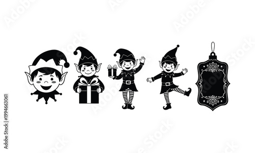 Christmas elves character silhouette vector illustration set with gift boxes and ornaments.