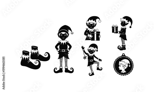 Christmas elf characters vector collection with gift boxes boots and portrait silhouette art.