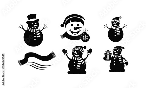 Funny snowman silhouette vector illustration set with winter scarf and festive characters.