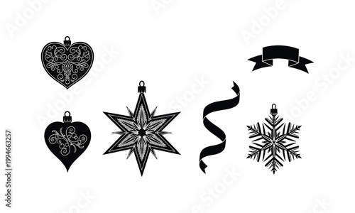 Festive winter symbols vector set including star heart snowflake and banner silhouette art.