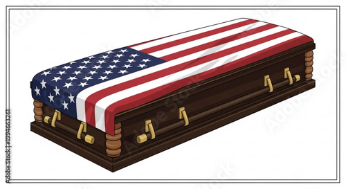 American flag draped coffin funeral casket with gold hardware on white background symbolizing respect and mourning