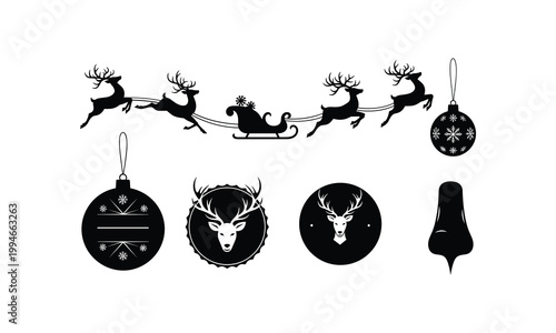 Reindeer sleigh christmas vector silhouette illustration with baubles.
