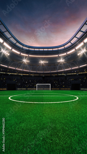 Football and soccer field at a sports stadium with glowing spotlights and fans ready for the upcoming grand sporting event. Professional sports vertical background for advertisement.