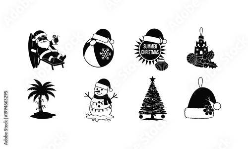 Summer christmas holiday vector illustration silhouette set with beach theme and snowman.