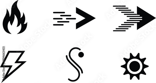 Minimalist black representing fire, speed, energy, and a circular gear