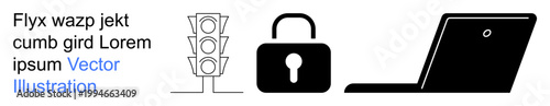 Cybersecurity, online privacy, digital safety, data protection, network security, internet regulations. Traffic light, padlock and laptop arranged in a row. Cybersecurity and online privacy concepts