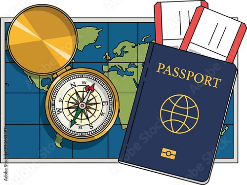 compass and passport on world map travel concept