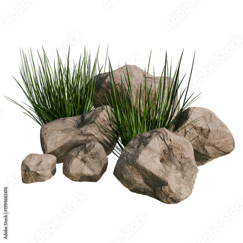 Natural Rock Formation with Green Grass Blades Creating a Serene and Tranquil Outdoor Landscape Scene
