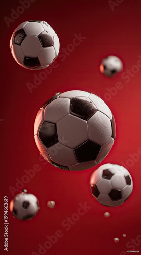 Soccer balls floating against a vibrant red backdrop in soft focus