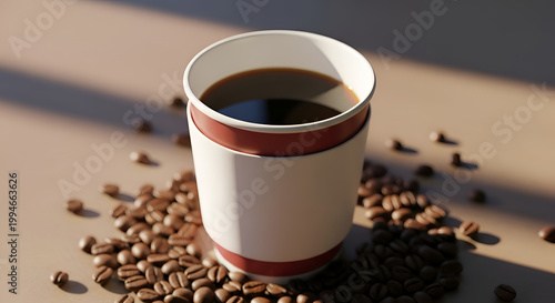 A cup of coffee with coffee beans.