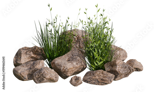 Lush Green Grass and Rocks Arrangement Isolated on White Background for Landscaping and Nature Design Projects