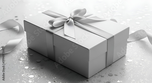 Gift box with ribbon on table.