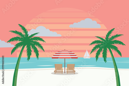 Minimal tropical beach sunset scene with palm trees, ocean waves, sun loungers and striped umbrella. Summer vacation and travel themed flat vector illustration