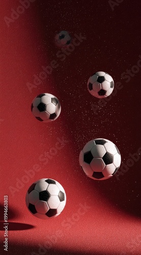 Soccer balls floating against a textured red background with light