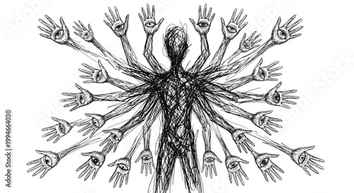 Multifaceted Being: An artistic depiction of a figure with numerous arms and eyes, evoking concepts of awareness, perception, and introspection.