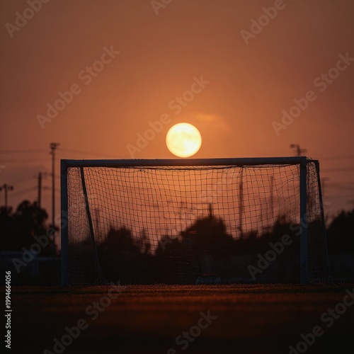 Soccer goal silhouetted against a fiery sunset with a full moon