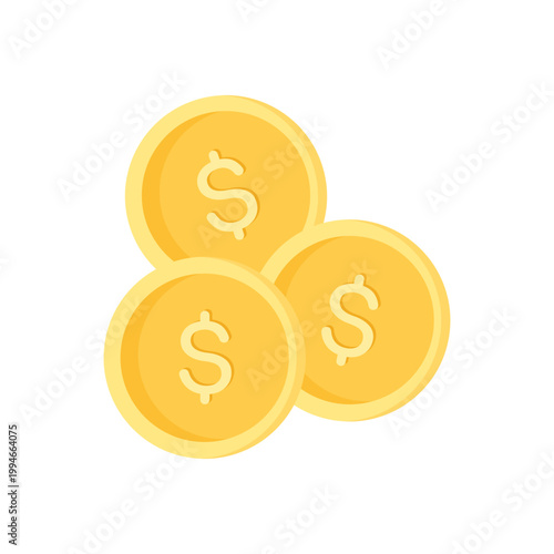 Three gold coins with dollar signs, flat icon design, bright yellow gold tones, subtle highlights and shadows, crisp minimalist
